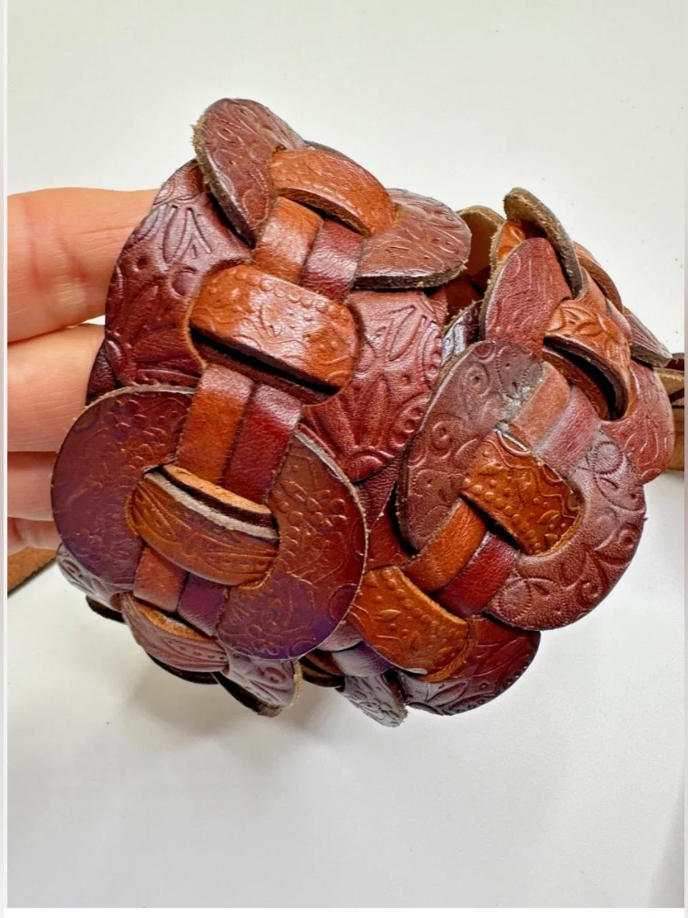 Fossil Tooled Chain Woven Belt Brown Leather Western Wide 2.75
